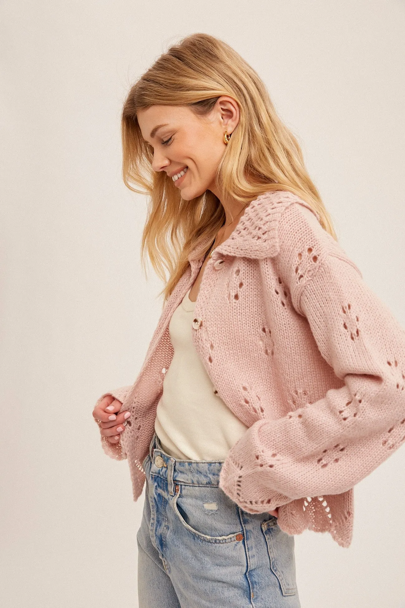 Light Pink Pointelle Collared Button Down Sweater Cardigan sold by Pinkblush product image thumbnail 2