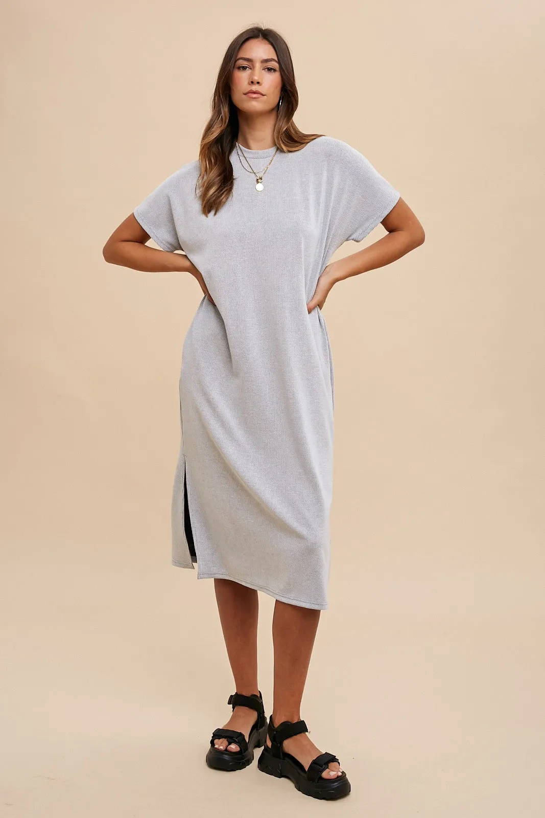 Grey Ribbed Short Dolman Sleeve Side Slit Midi Dress sold by Pinkblush product image thumbnail 2