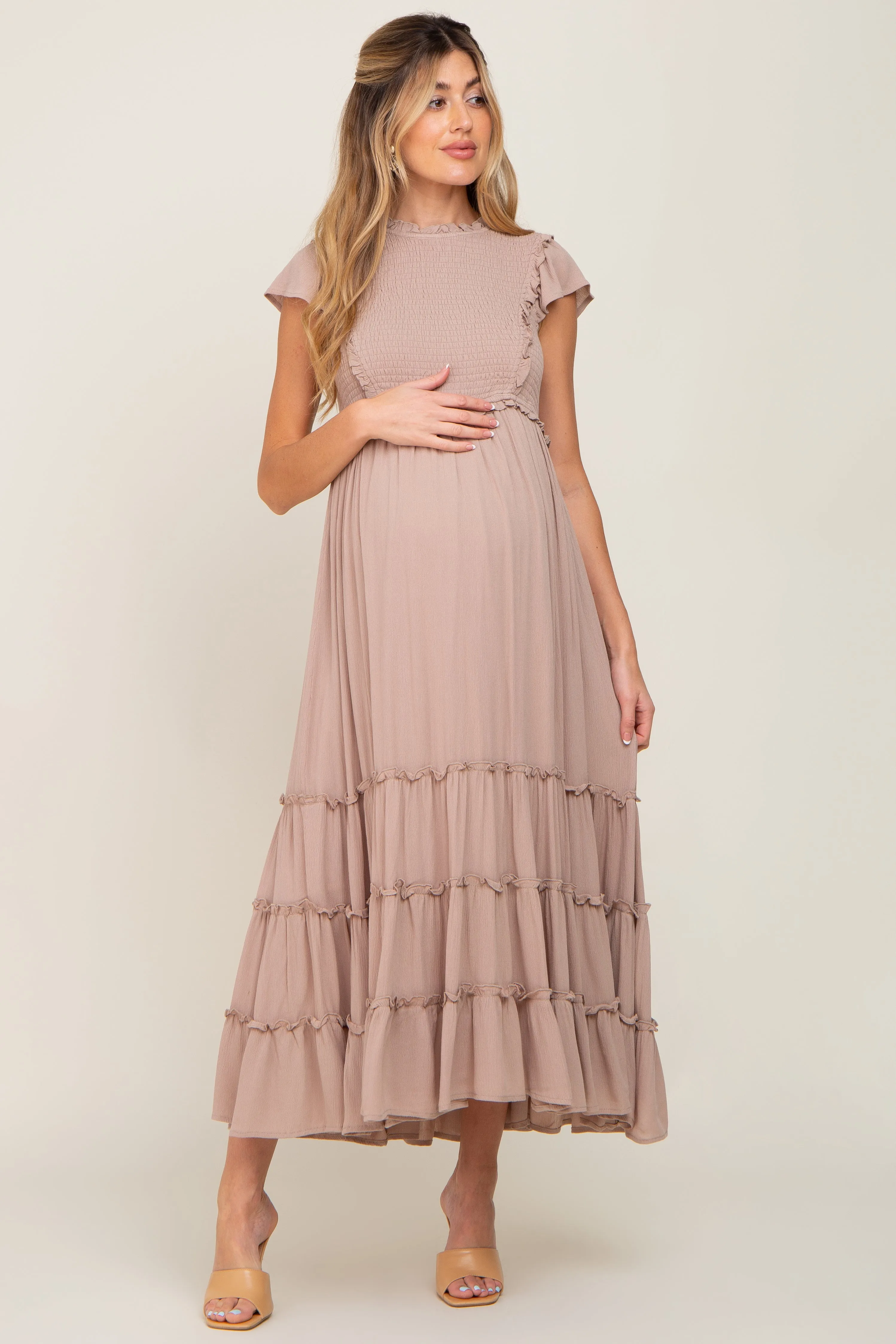 Mocha Smocked Ruffle Accent Tiered Maternity Maxi Dress sold by Pinkblush product image thumbnail 4
