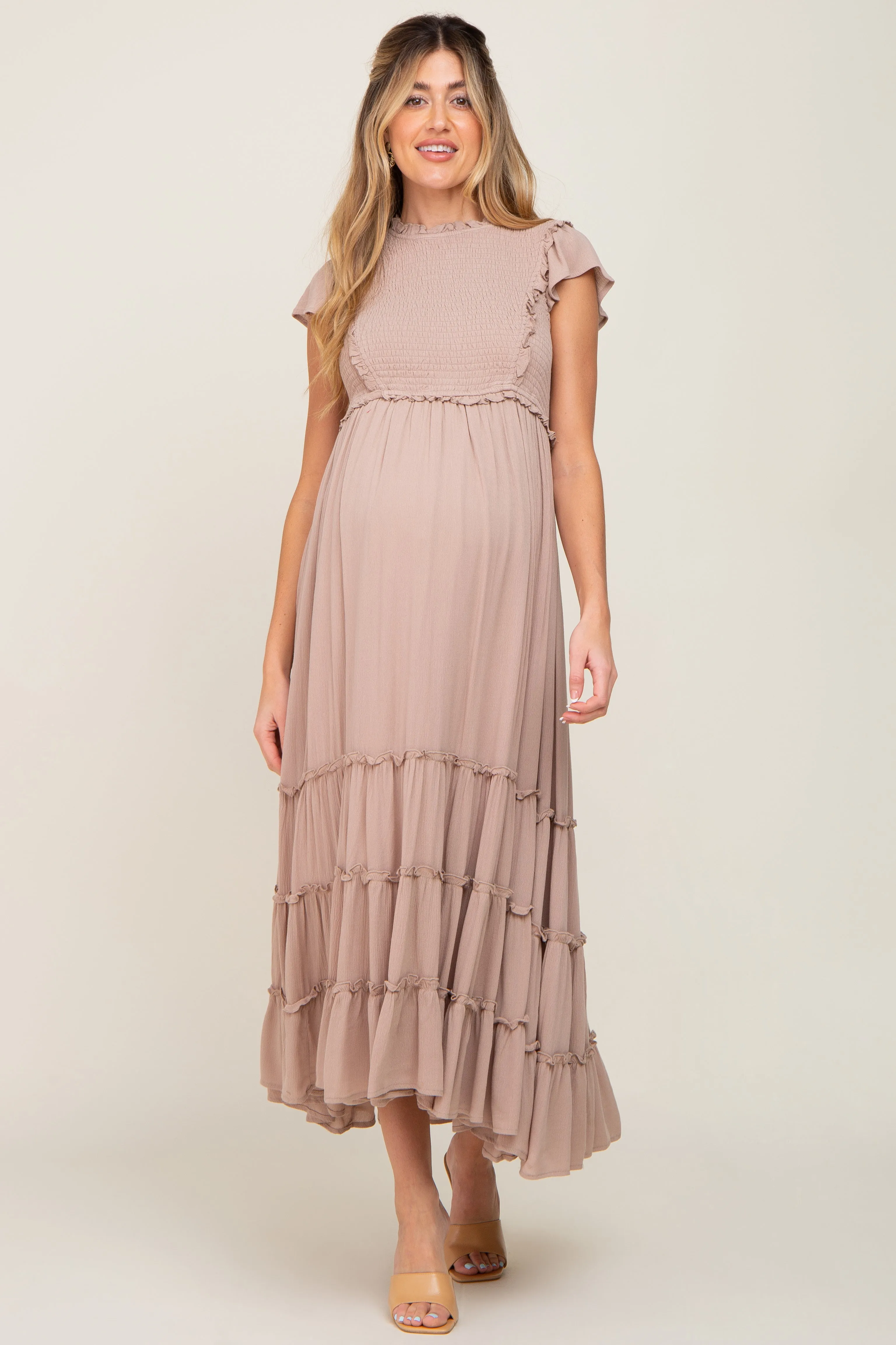 Mocha Smocked Ruffle Accent Tiered Maternity Maxi Dress sold by Pinkblush