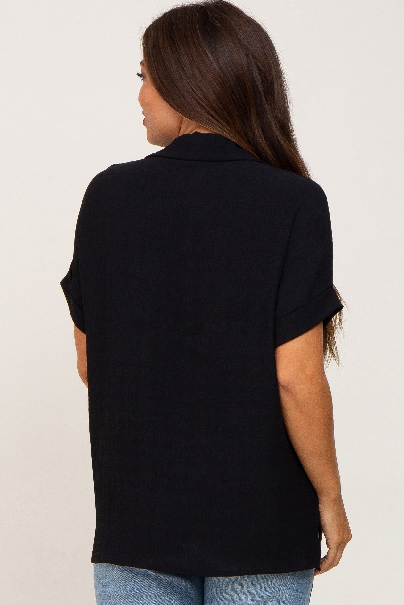 Black Collared Button-Down Short Sleeve Maternity Blouse sold by Pinkblush product image thumbnail 3