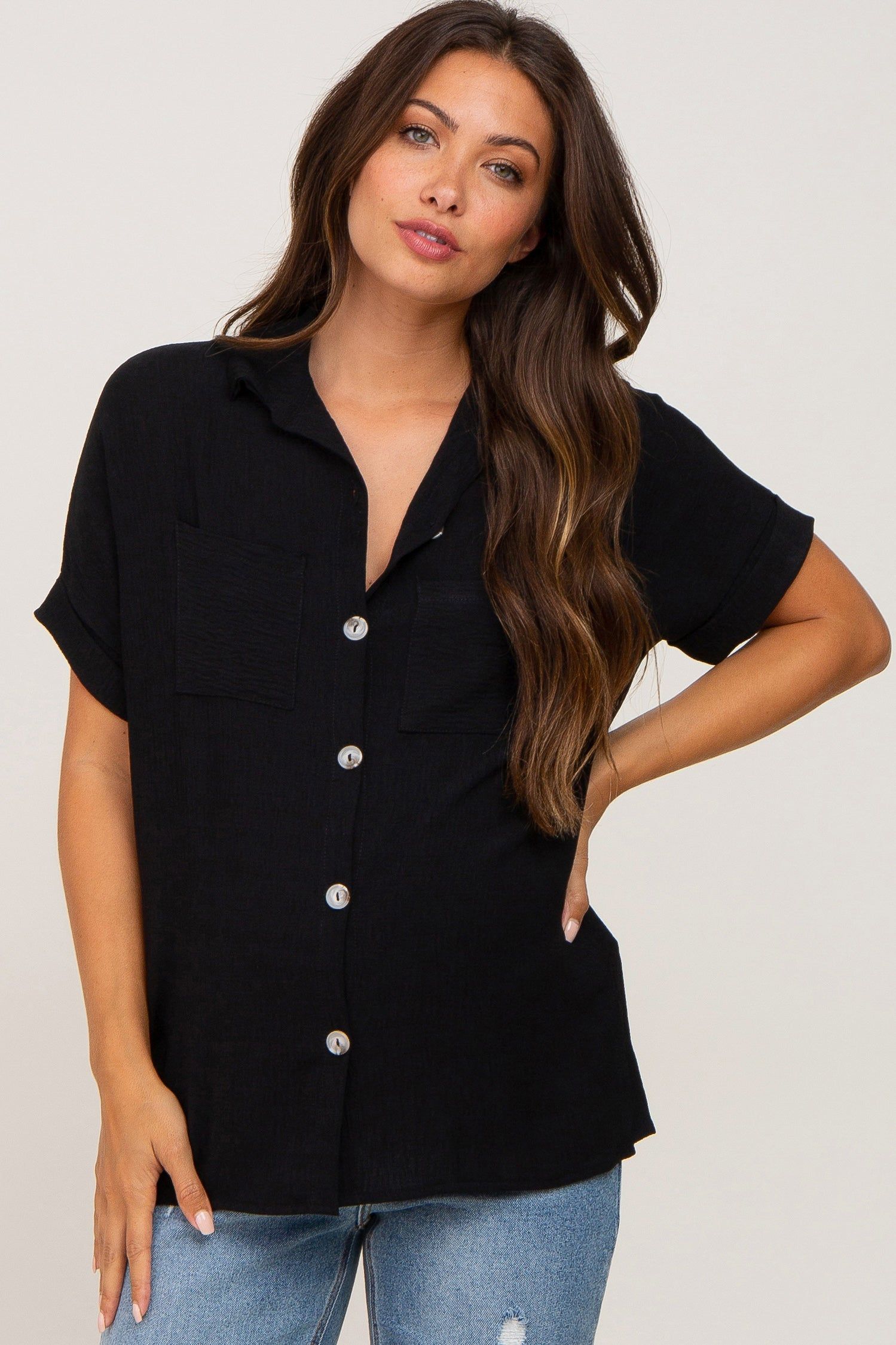 Black Collared Button-Down Short Sleeve Maternity Blouse sold by Pinkblush