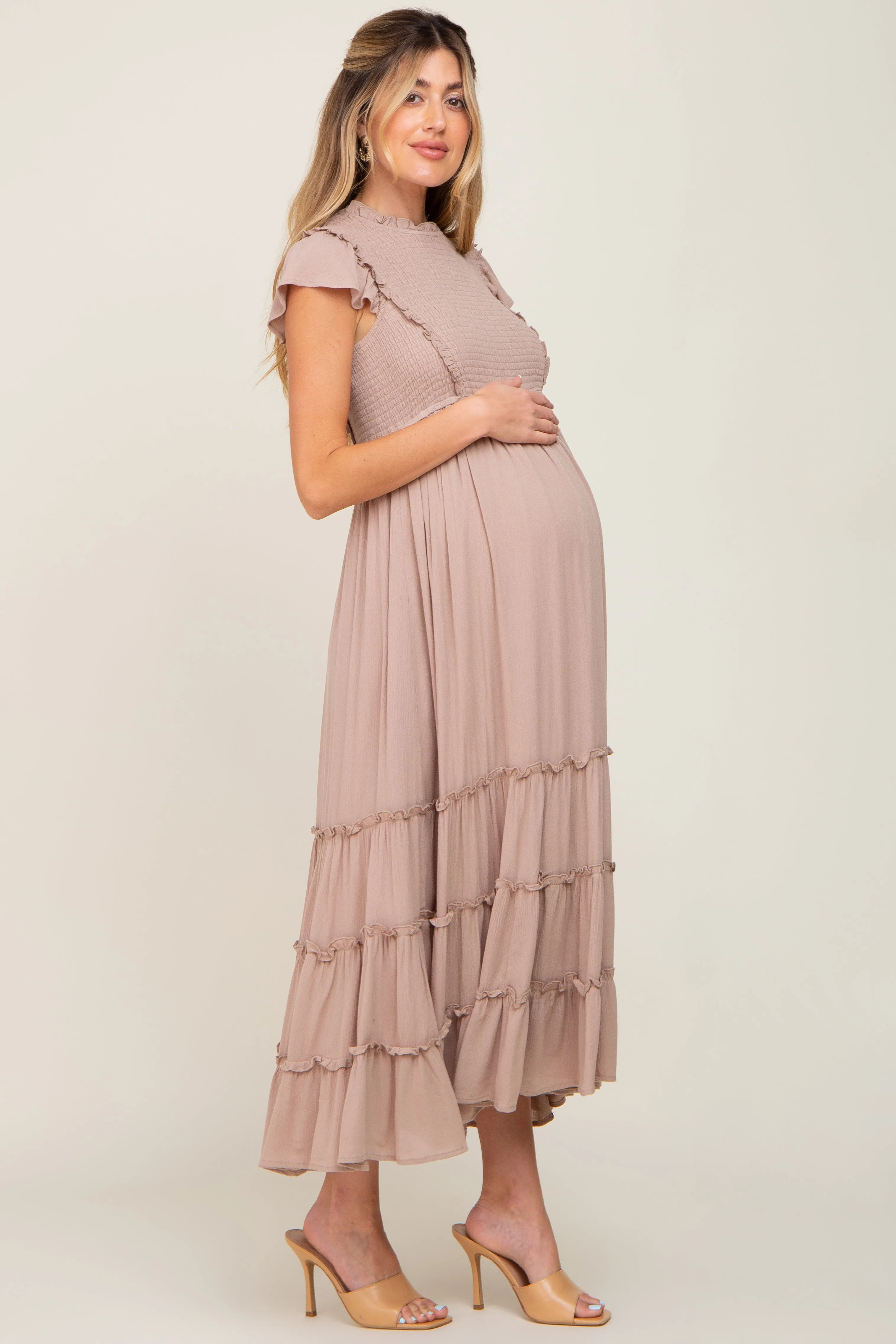 Mocha Smocked Ruffle Accent Tiered Maternity Maxi Dress sold by Pinkblush product image thumbnail 2