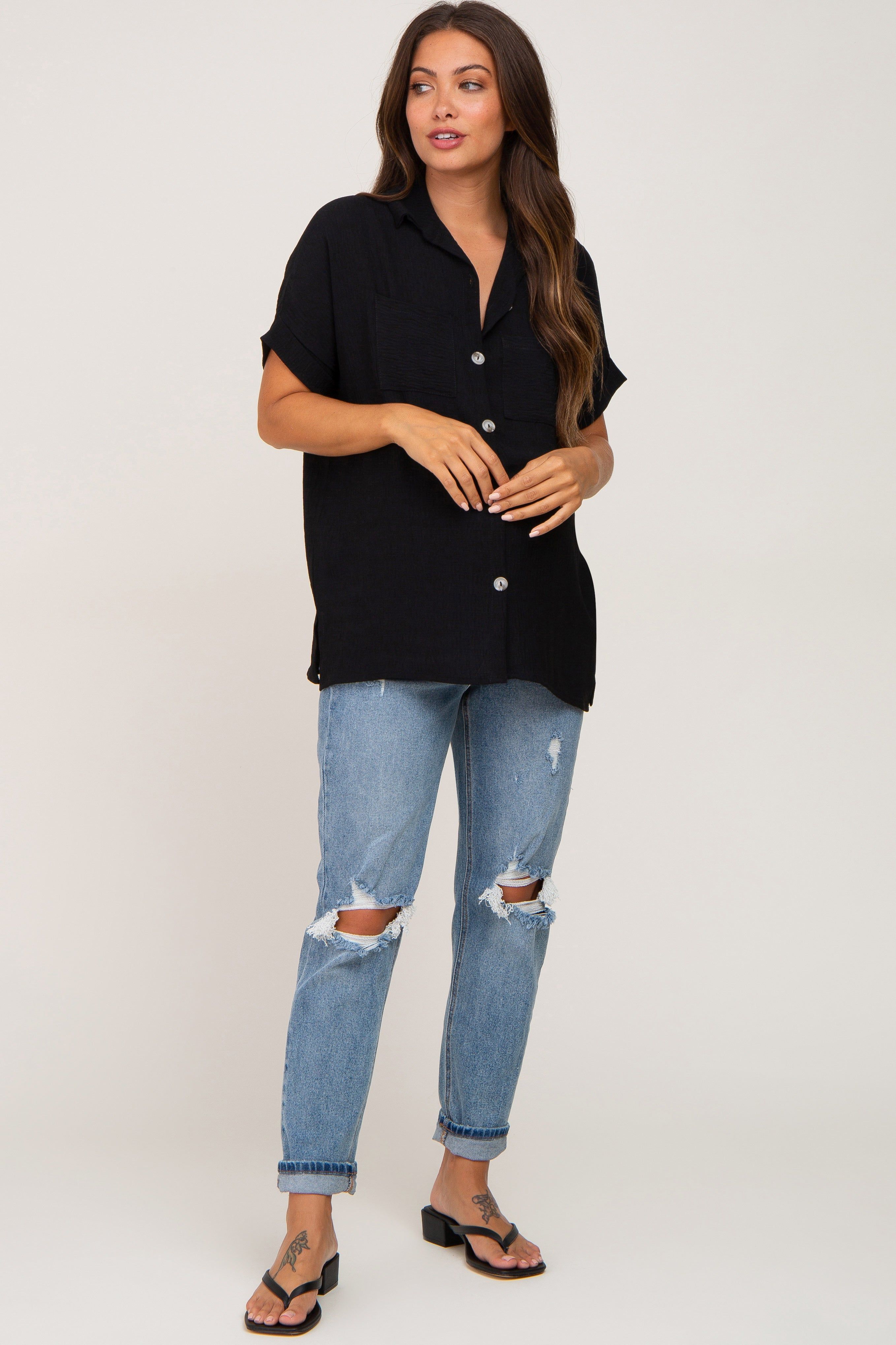 Black Collared Button-Down Short Sleeve Maternity Blouse sold by Pinkblush product image thumbnail 4