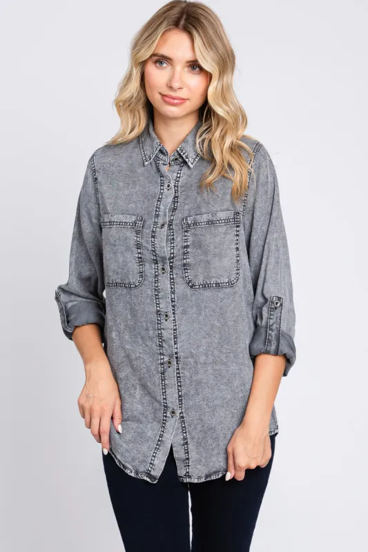 Charcoal Chambray Rolled Cuff Shirt sold by Pinkblush