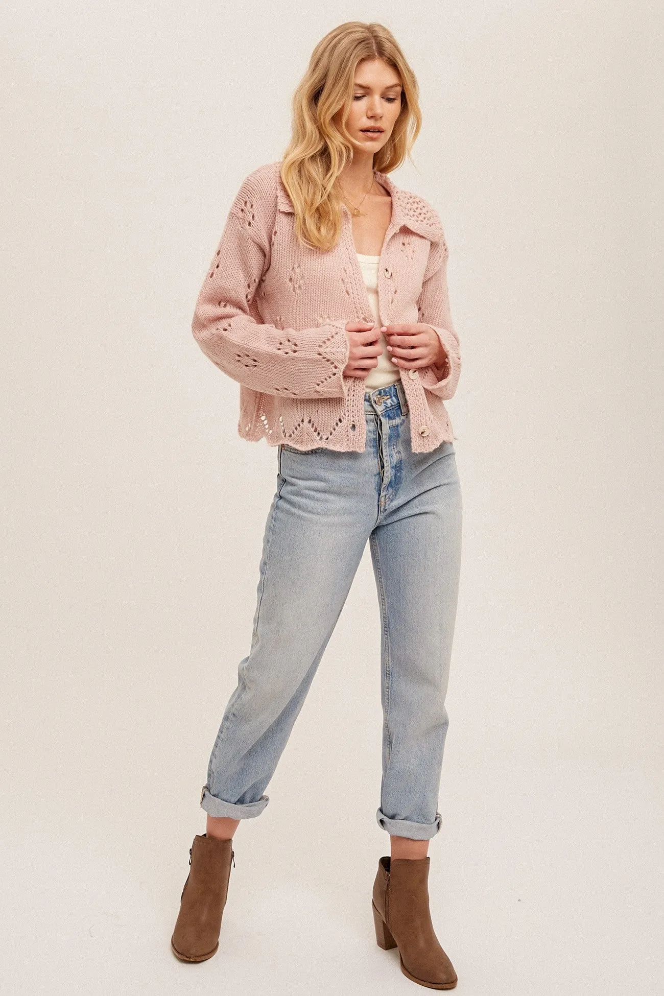 Light Pink Pointelle Collared Button Down Sweater Cardigan sold by Pinkblush product image thumbnail 4