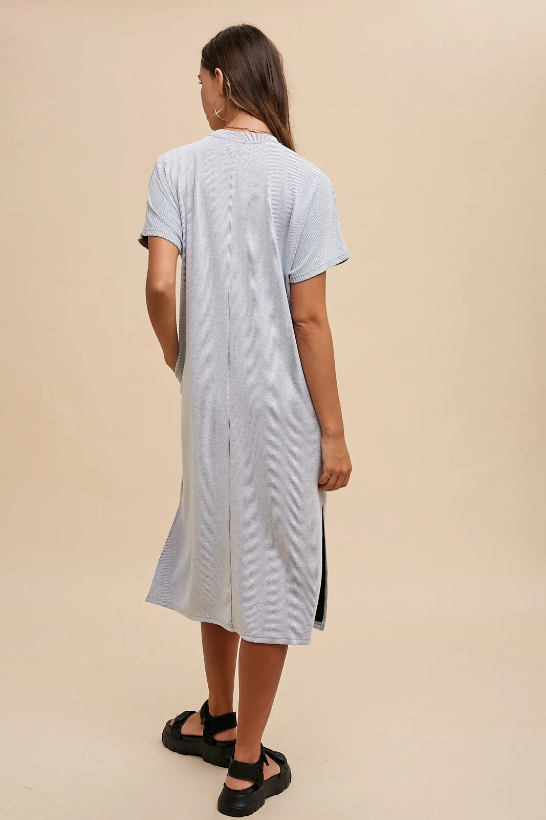 Grey Ribbed Short Dolman Sleeve Side Slit Midi Dress sold by Pinkblush product image thumbnail 4