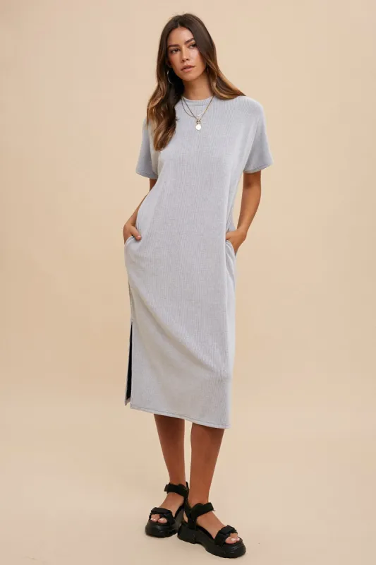 Grey Ribbed Short Dolman Sleeve Side Slit Midi Dress sold by Pinkblush