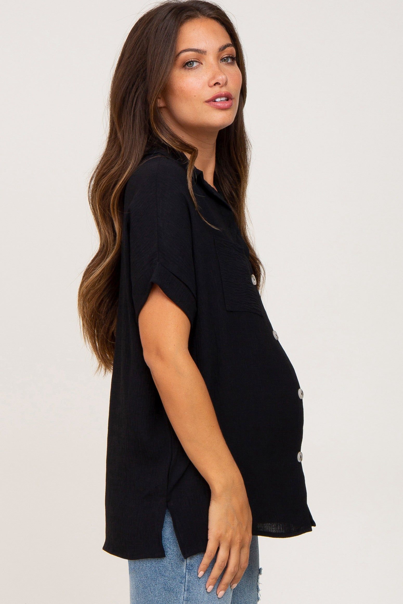 Black Collared Button-Down Short Sleeve Maternity Blouse sold by Pinkblush product image thumbnail 2
