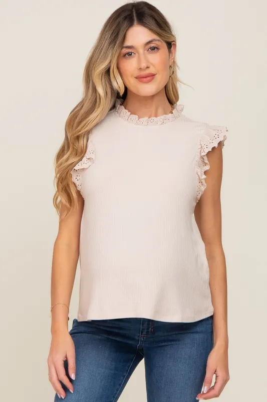 Cream Eyelet Ruffle Sleeveless Maternity Top sold by Pinkblush