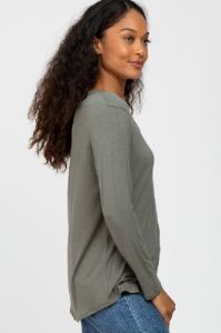 Olive V-Neck Round Hem Long Sleeve Top sold by Pinkblush