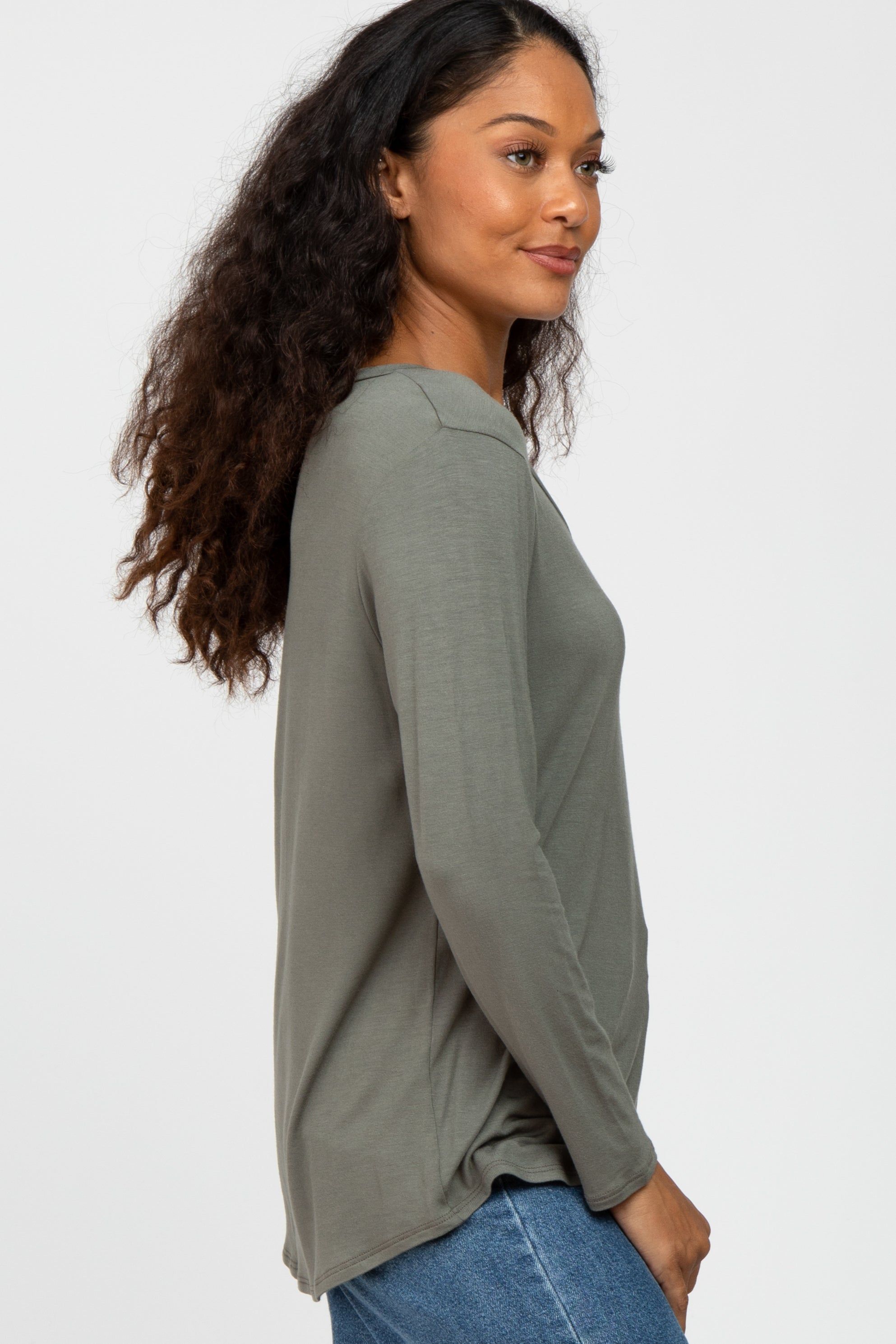 Olive V-Neck Round Hem Long Sleeve Top sold by Pinkblush product image thumbnail 4