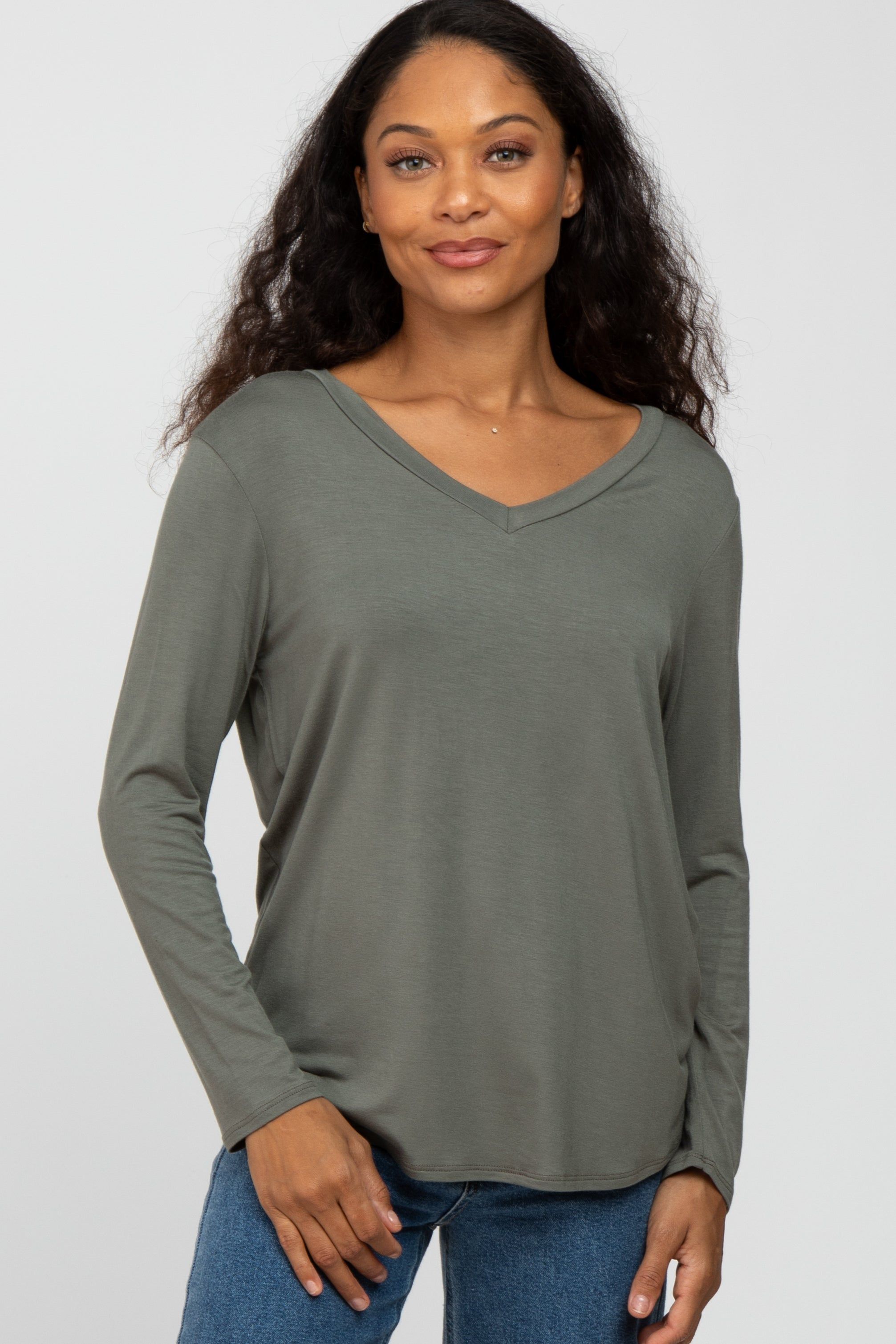 Olive V-Neck Round Hem Long Sleeve Top sold by Pinkblush