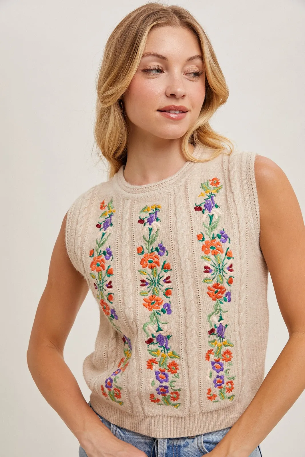 Oatmeal Embroidered Sleeveless Knit Tank Top sold by Pinkblush product image thumbnail 3