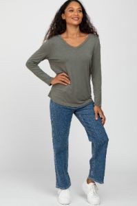 Olive V-Neck Round Hem Long Sleeve Top sold by Pinkblush