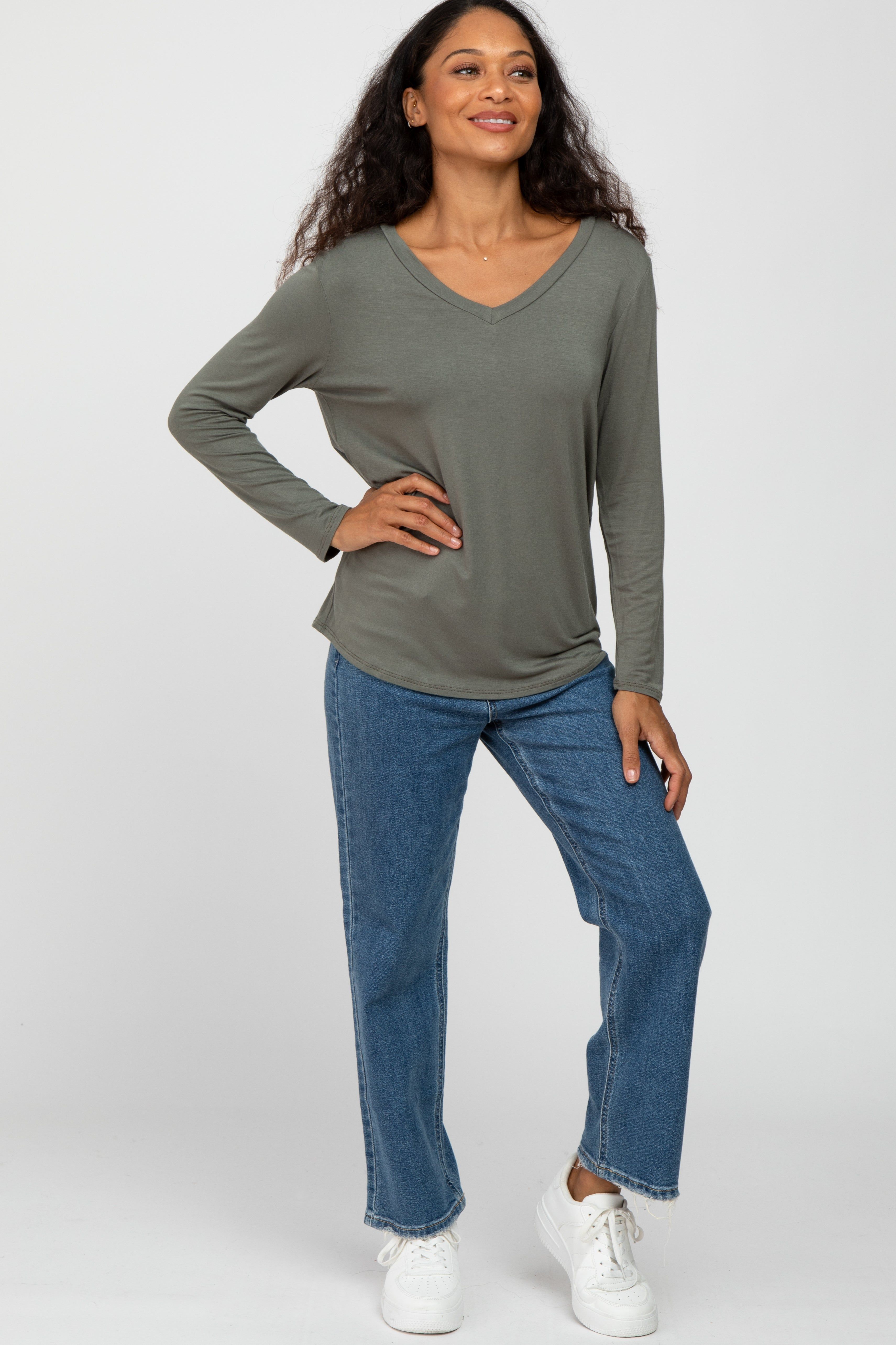 Olive V-Neck Round Hem Long Sleeve Top sold by Pinkblush product image thumbnail 2