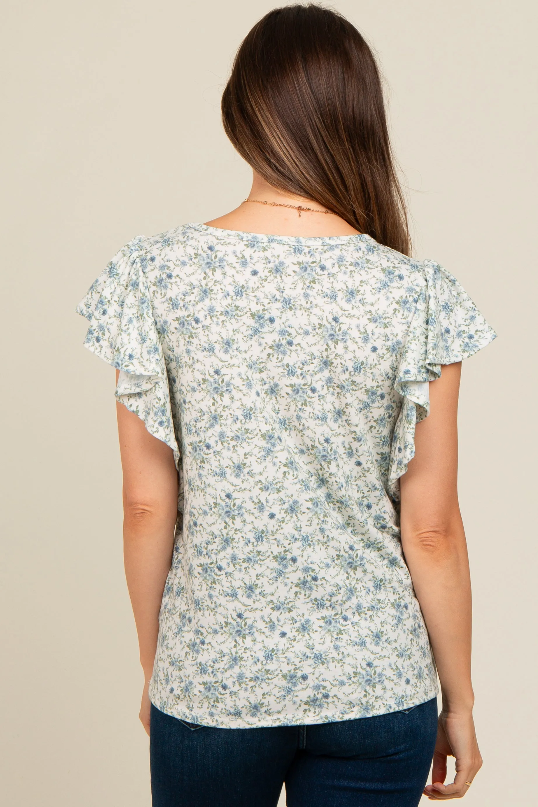 Blue Floral Ruffle Sleeve Maternity Blouse sold by Pinkblush product image thumbnail 2