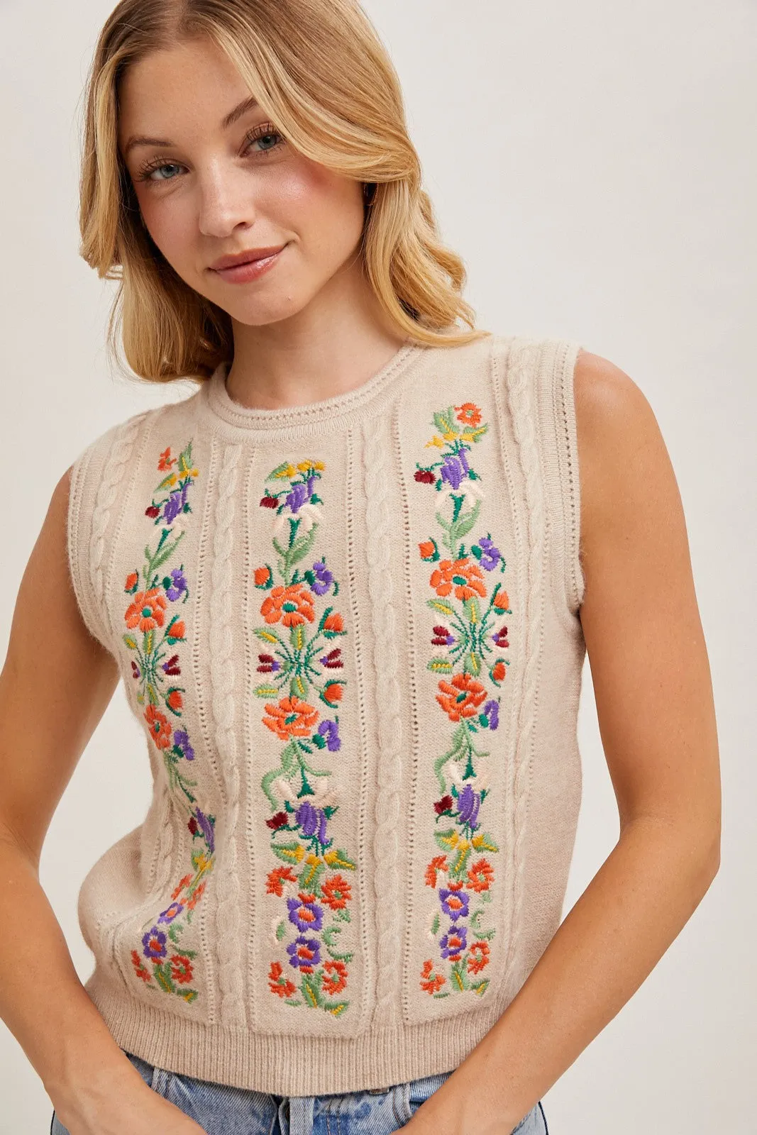 Oatmeal Embroidered Sleeveless Knit Tank Top sold by Pinkblush