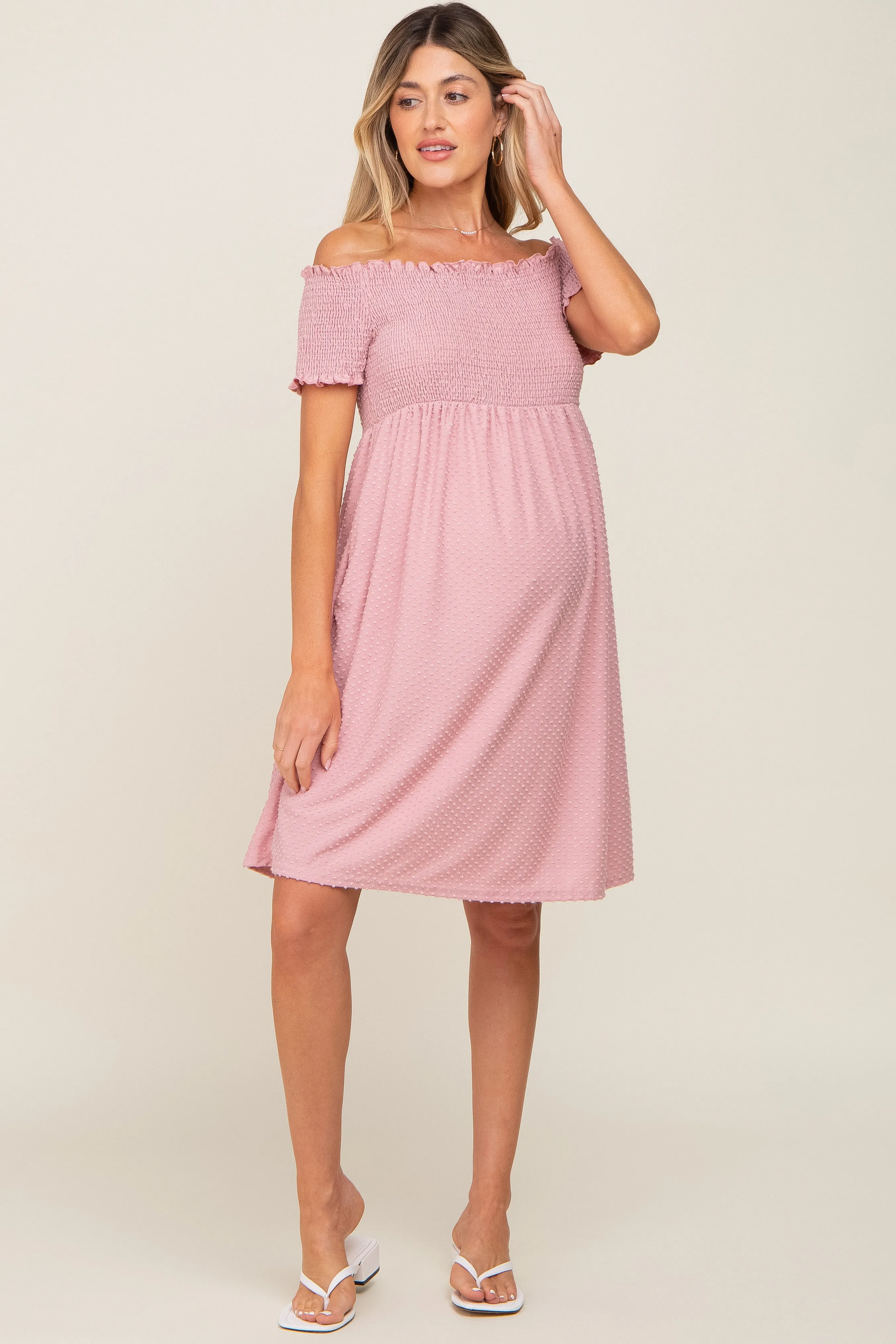 Mauve Swiss Dot Off Shoulder Maternity Dress sold by Pinkblush product image thumbnail 4