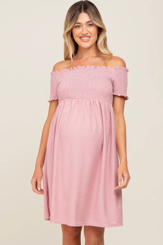 Mauve Swiss Dot Off Shoulder Maternity Dress sold by Pinkblush