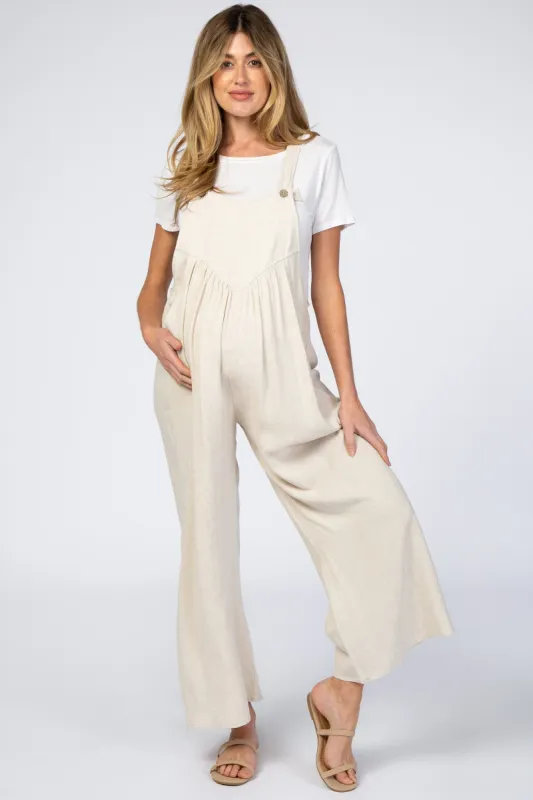 Beige Linen Maternity Overalls sold by Pinkblush