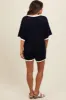 Navy Knit Contrast Trim Deep V-Neck Maternity Romper sold by Pinkblush