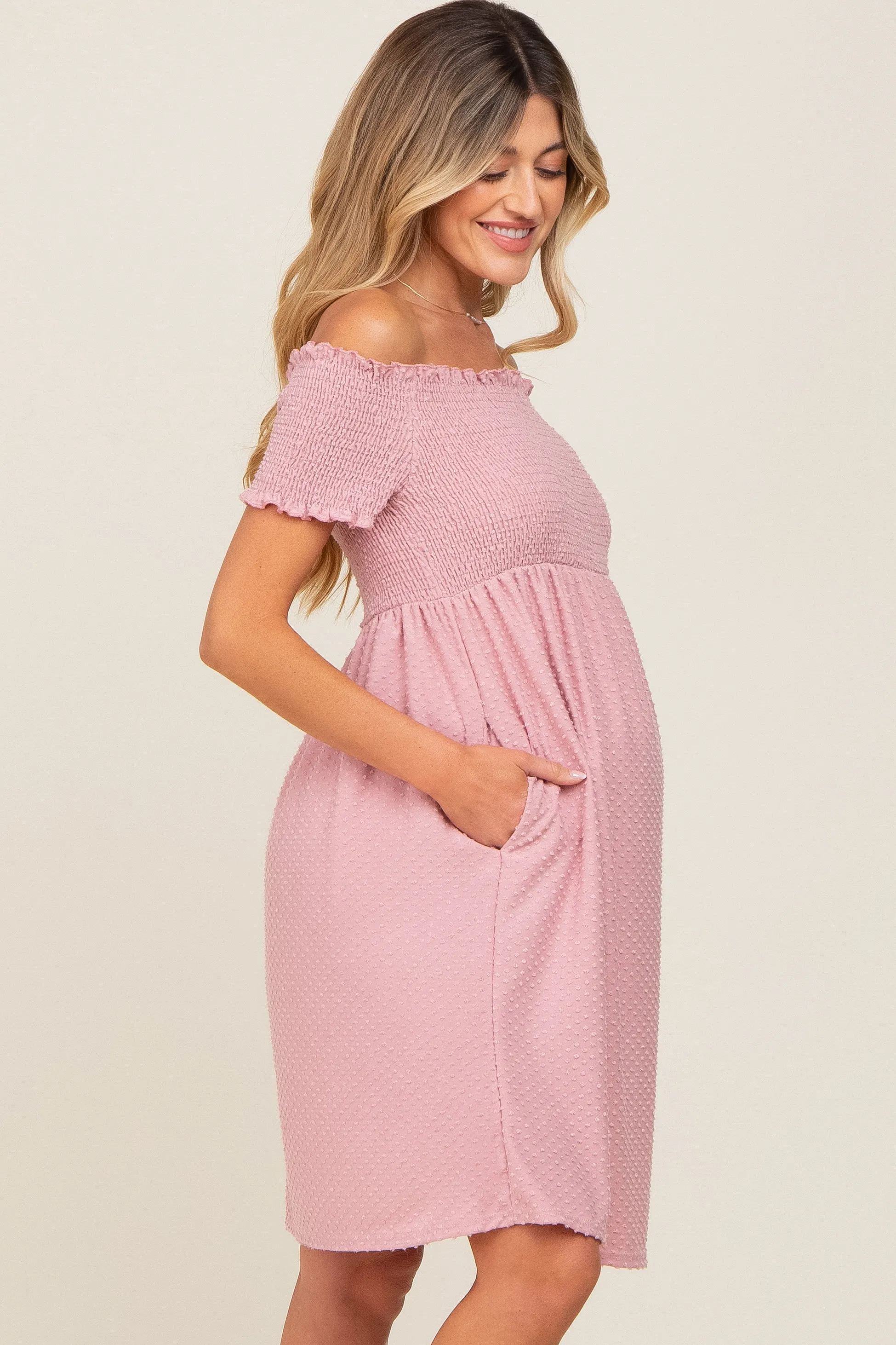 Mauve Swiss Dot Off Shoulder Maternity Dress sold by Pinkblush product image thumbnail 2