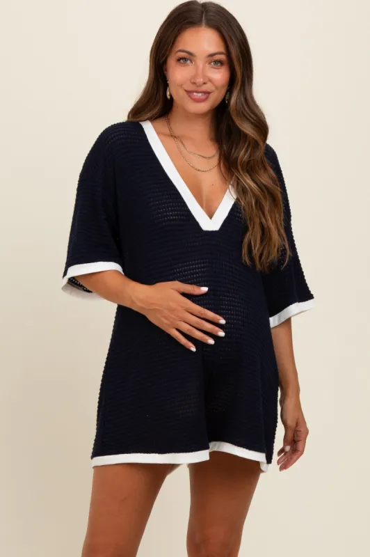 Navy Knit Contrast Trim Deep V-Neck Maternity Romper sold by Pinkblush