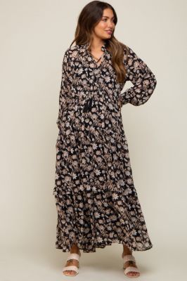 Black Floral Chiffon Ruffle Trim Button Front Long Sleeve Maternity Midi Dress sold by Pinkblush