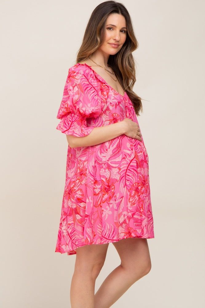 Fuchsia Printed Puff Sleeve Maternity Dress sold by Pinkblush product image thumbnail 3