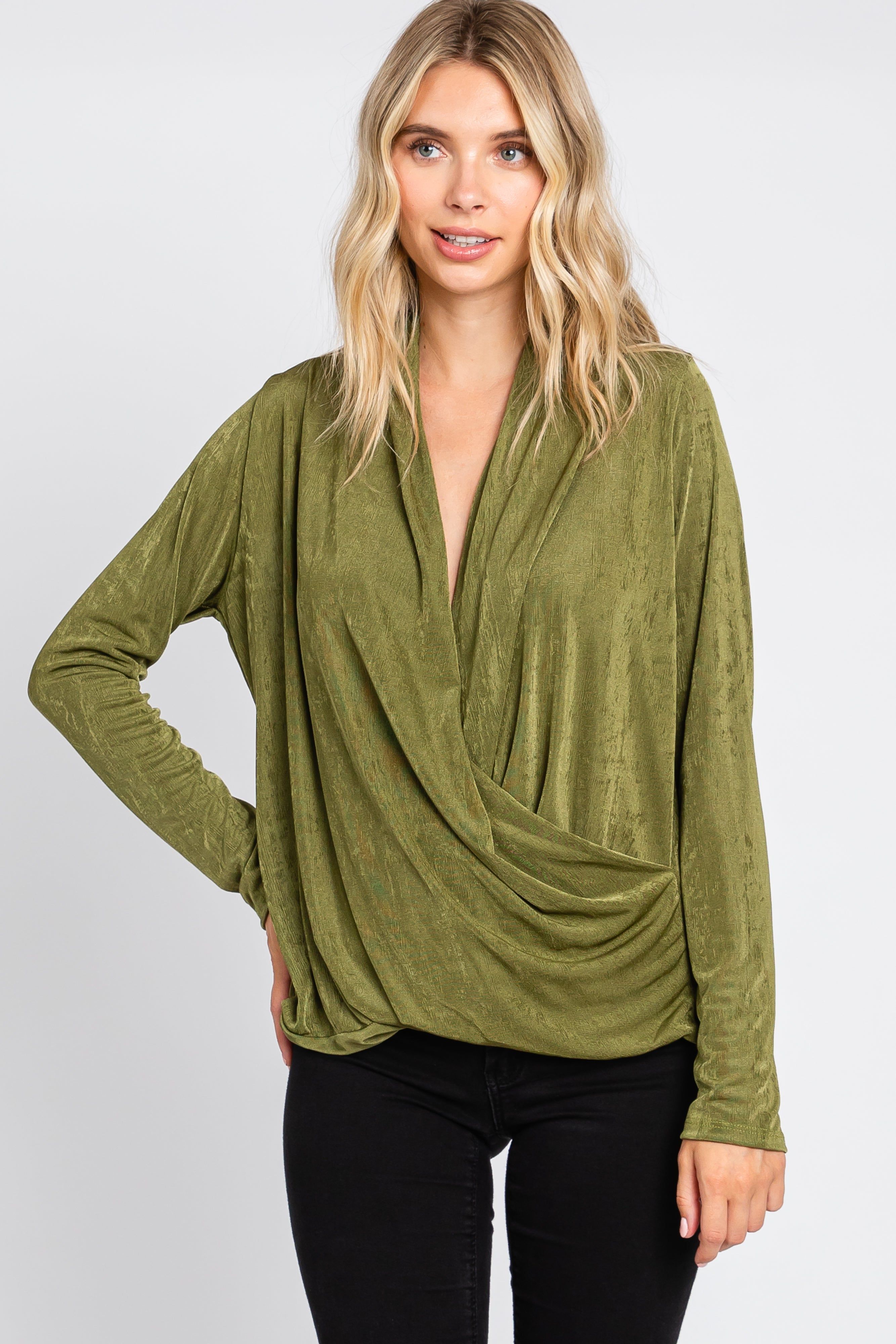 Olive Draped Wrap Maternity Knit Blouse sold by Pinkblush product image thumbnail 4