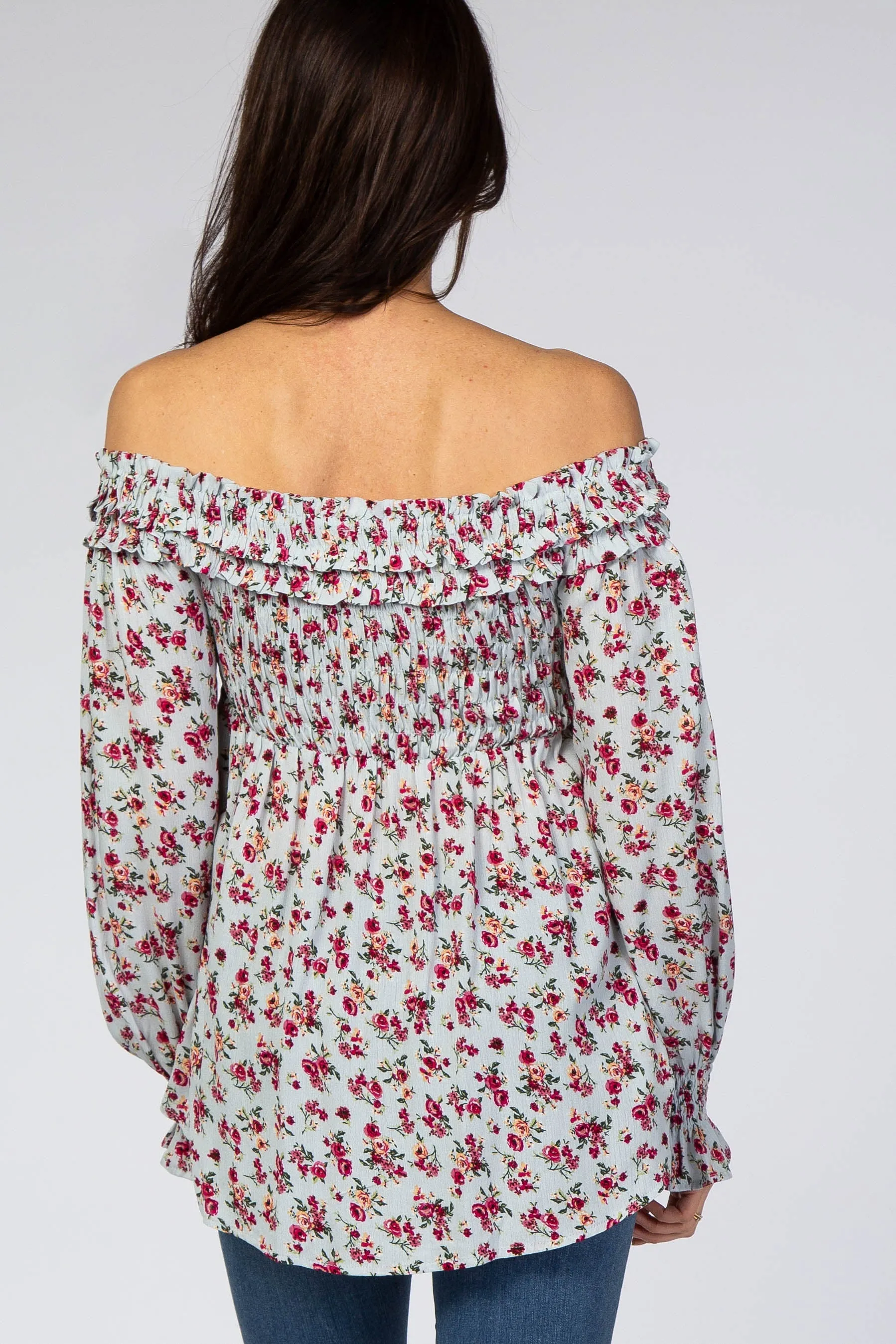 Light Blue Floral Off Shoulder Long Sleeve Top sold by Pinkblush product image thumbnail 3