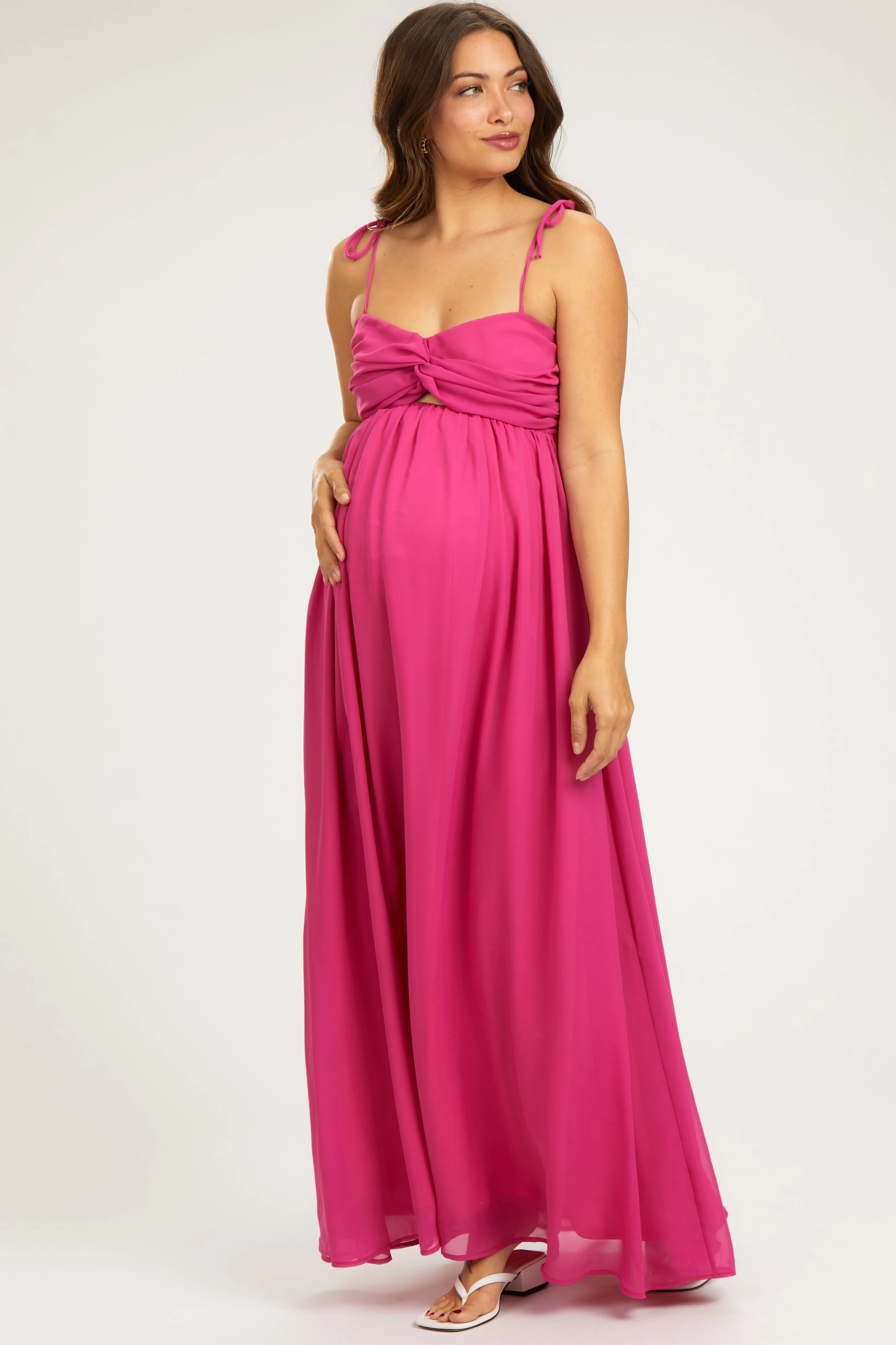 Fuchsia Chiffon Sleeveless Cutout Front Maternity Maxi Dress sold by Pinkblush