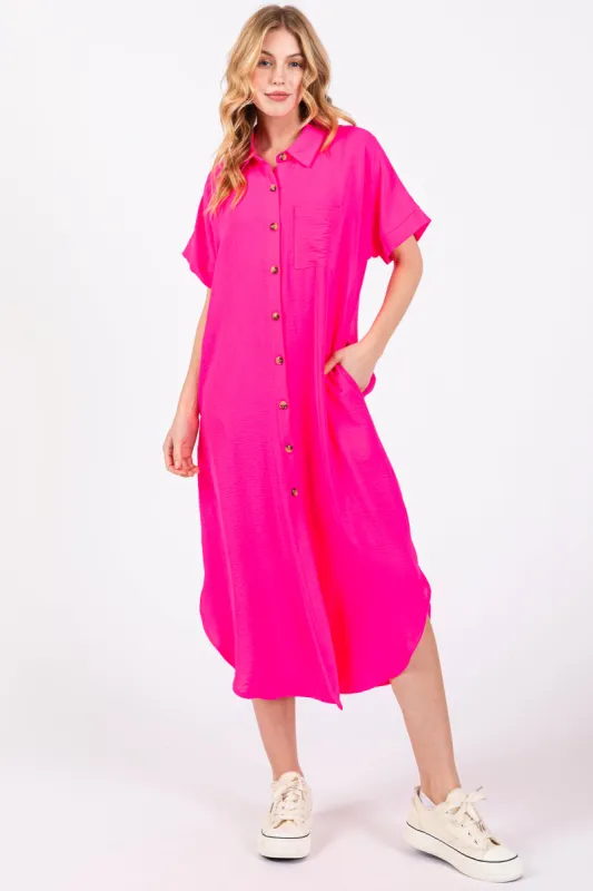 Fuchsia Button Down Front Pocket Midi Dress sold by Pinkblush