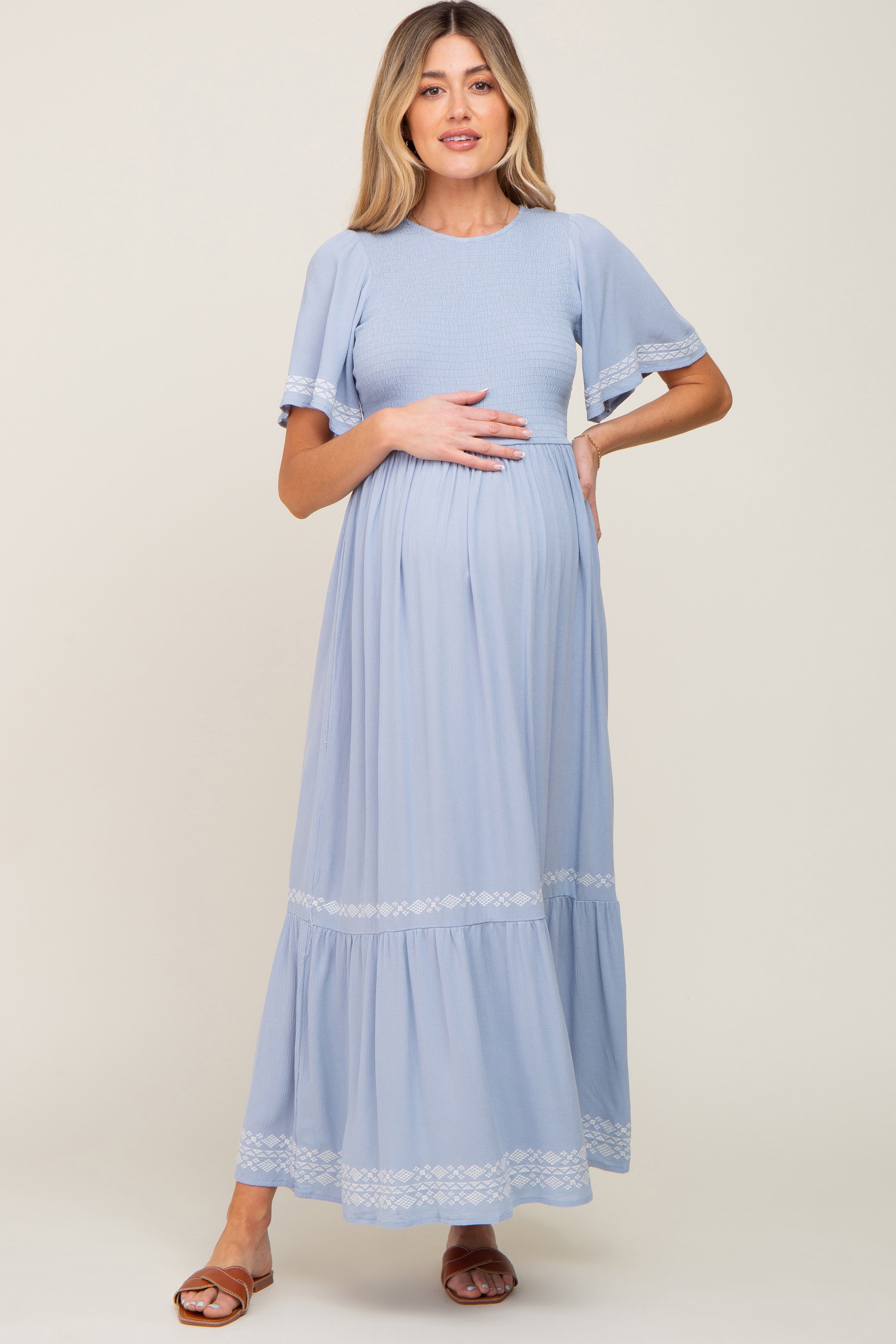 Light Blue Embroidered Accent Maternity Maxi Dress sold by Pinkblush