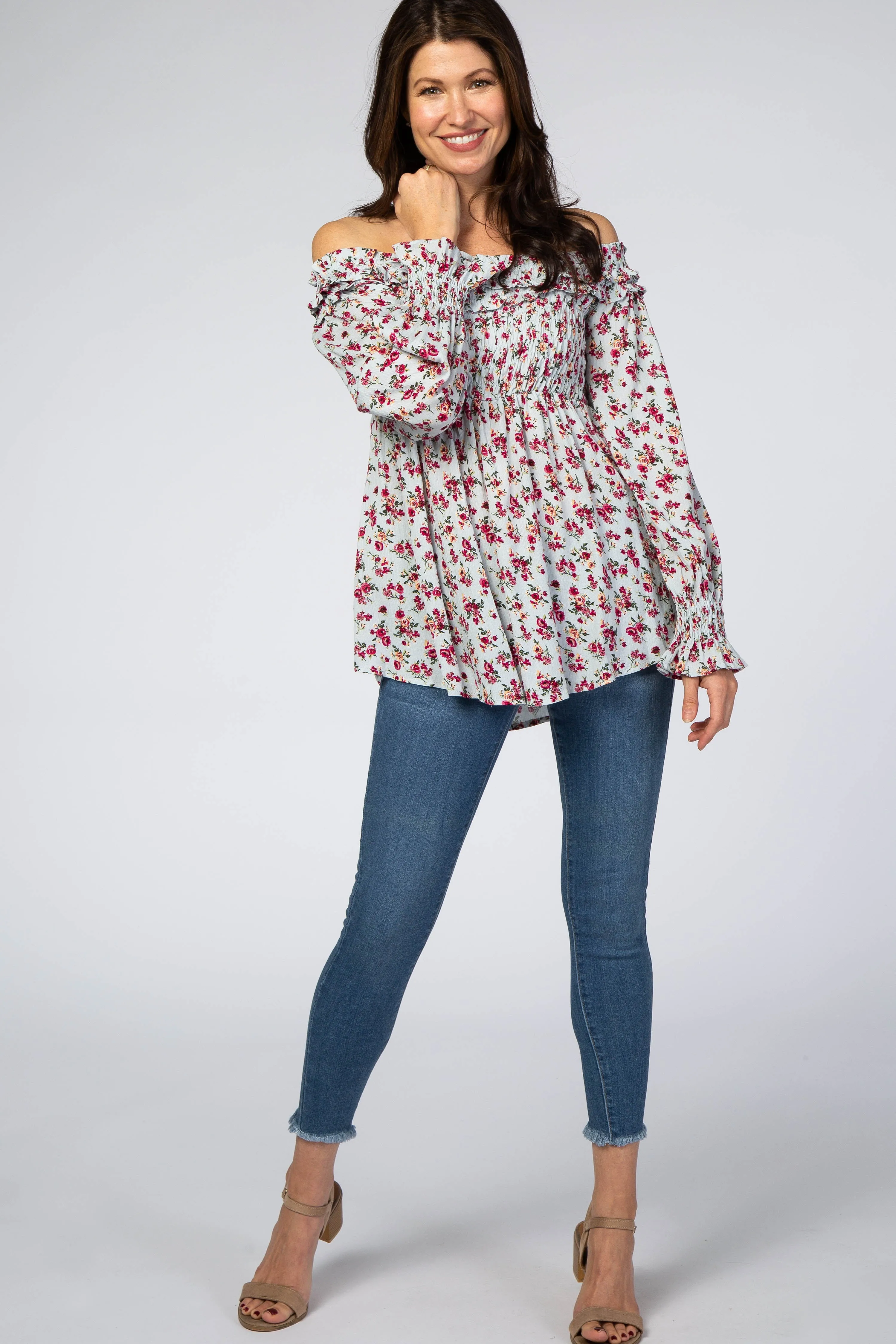 Light Blue Floral Off Shoulder Long Sleeve Top sold by Pinkblush product image thumbnail 4