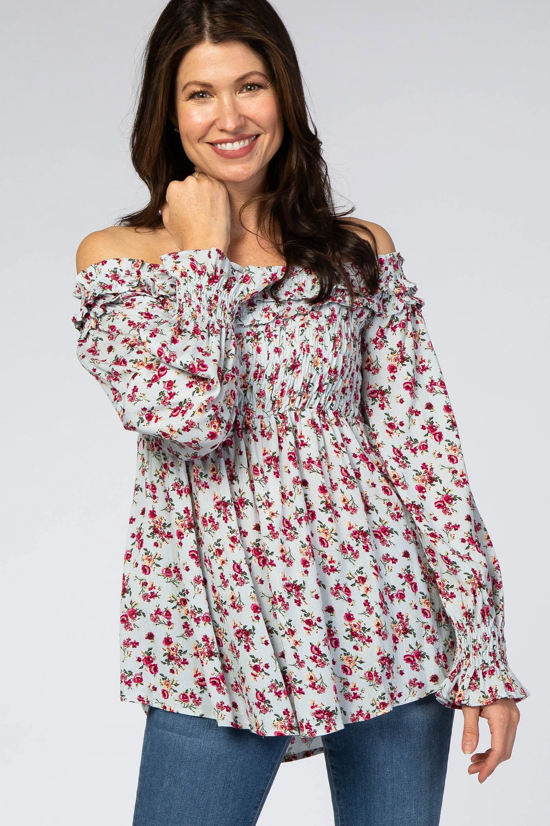 Light Blue Floral Off Shoulder Long Sleeve Top sold by Pinkblush