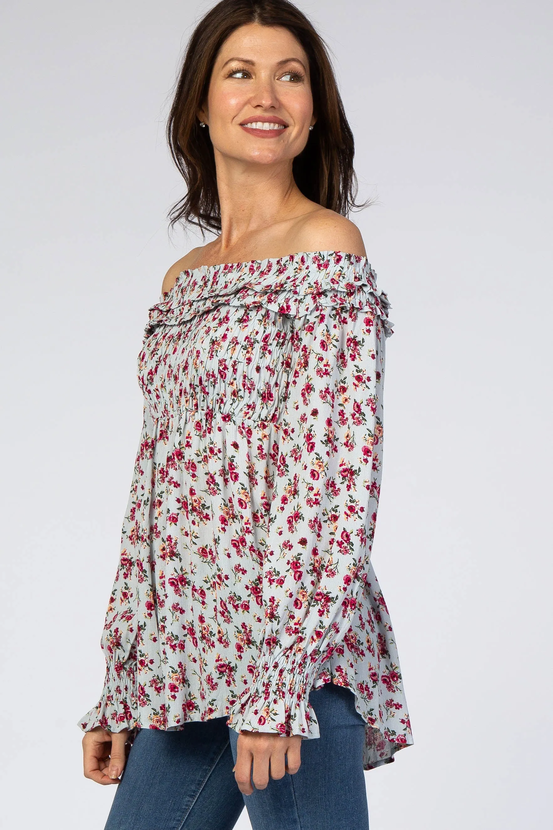 Light Blue Floral Off Shoulder Long Sleeve Top sold by Pinkblush product image thumbnail 2