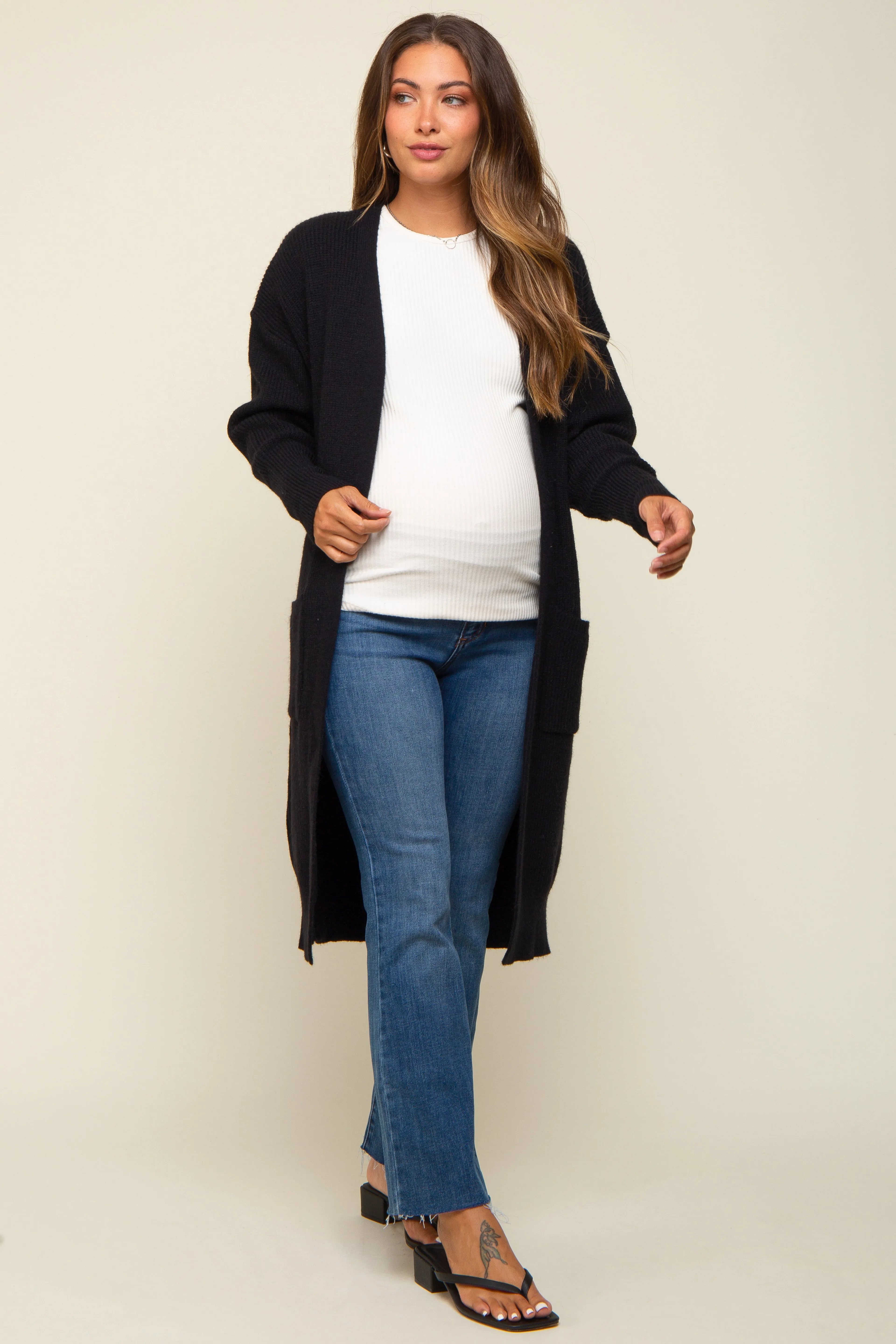 Black Chunky Knit Long Sweater Maternity Cardigan sold by Pinkblush product image thumbnail 5
