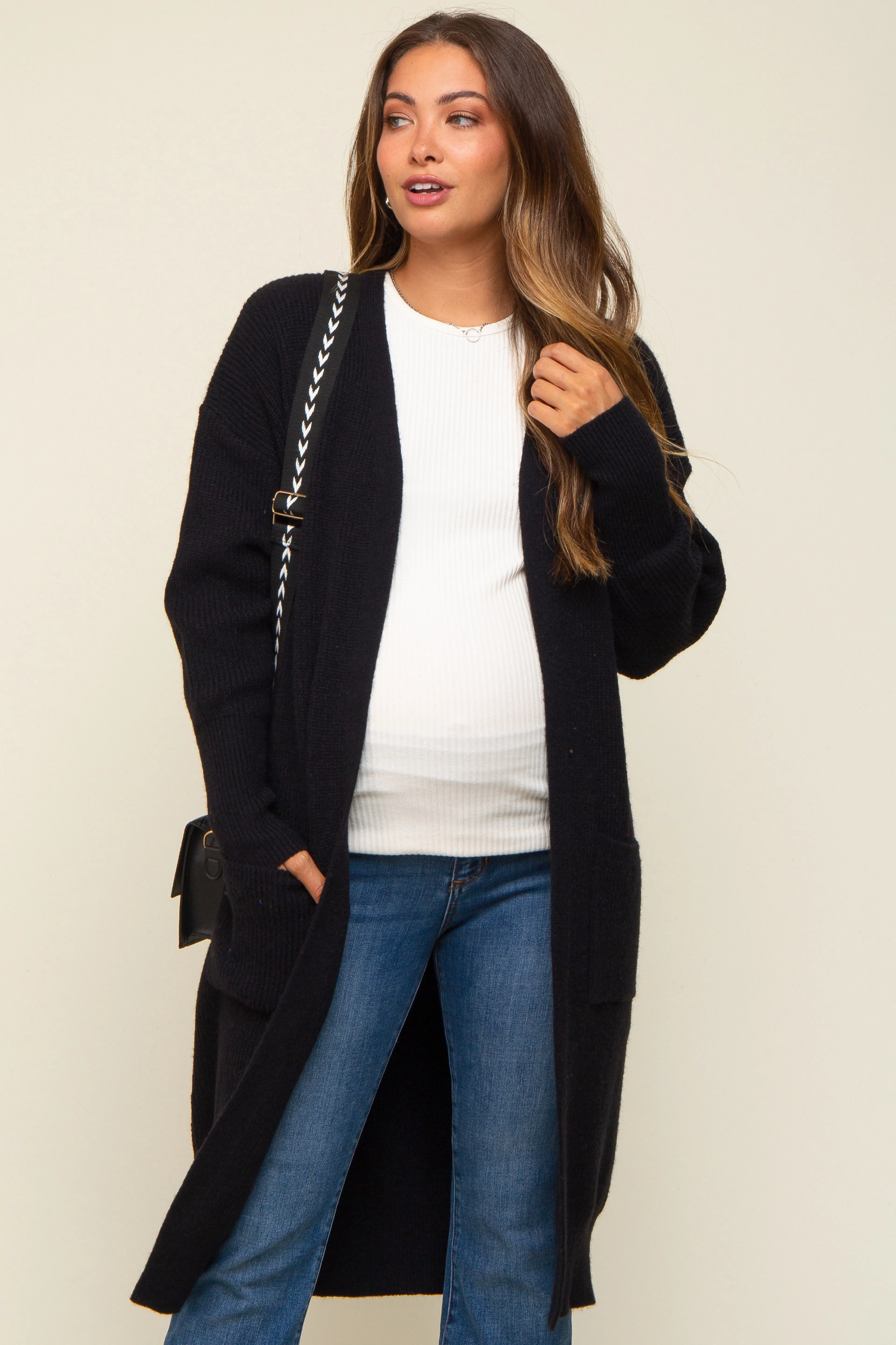 Black Chunky Knit Long Sweater Maternity Cardigan sold by Pinkblush product image thumbnail 2