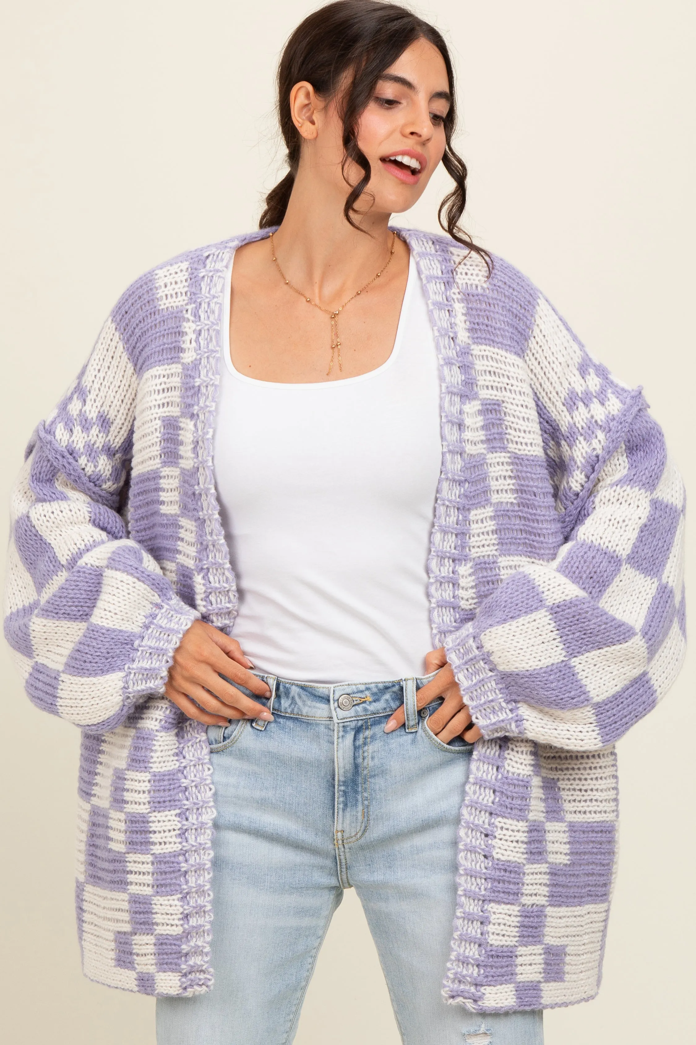 Lavender Mixed Check Pattern Chunky Cardigan sold by Pinkblush