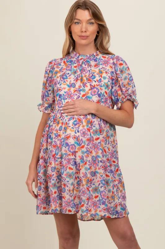 Blue Floral Ruffle Accent Maternity Dress sold by Pinkblush
