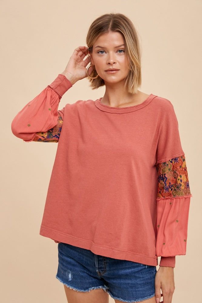 Burnt Orange Embroidered Sleeve Long Sleeve Tee sold by Pinkblush