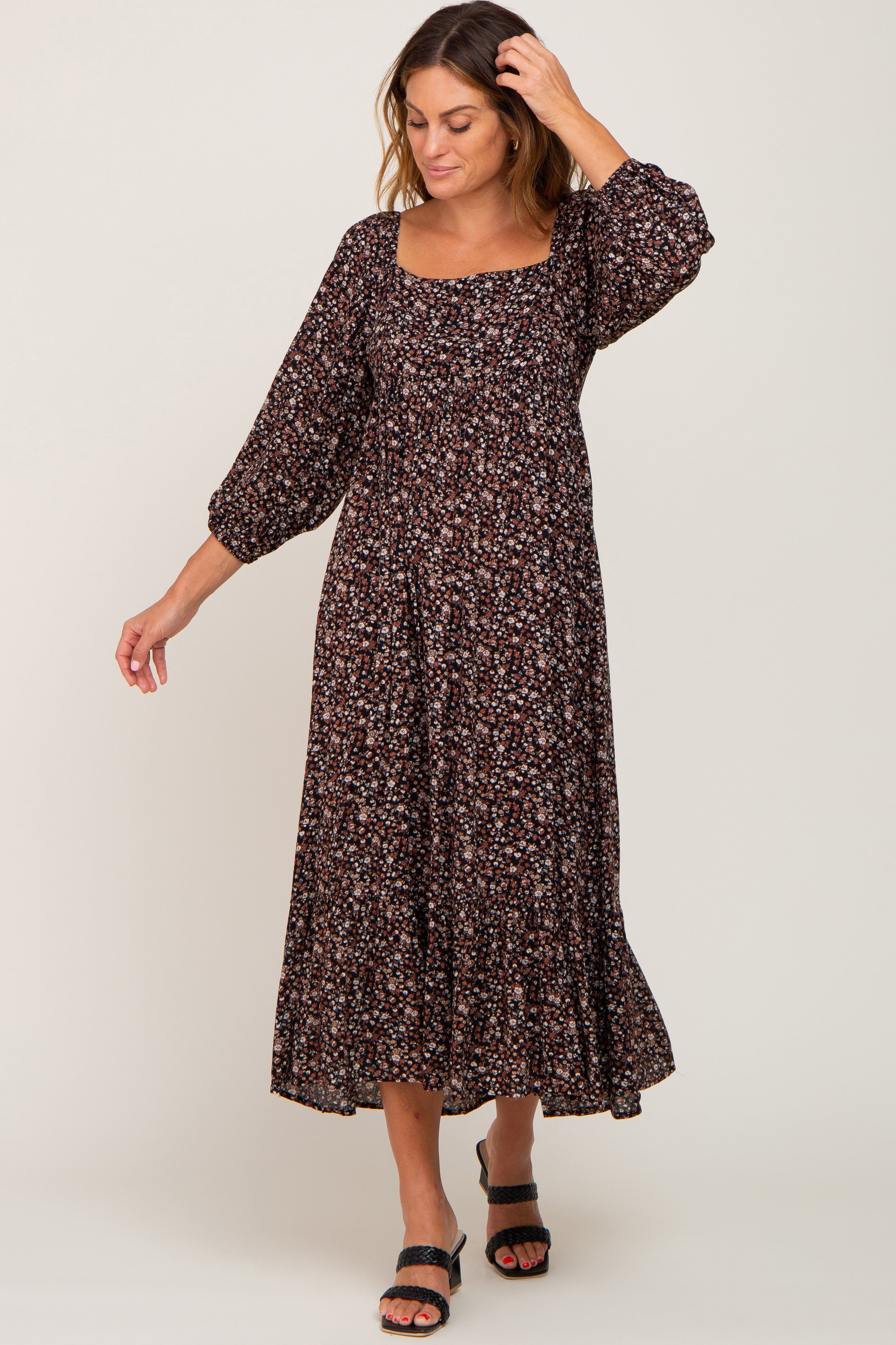 Black Floral 3/4 Sleeve Midi Dress sold by Pinkblush product image thumbnail 5