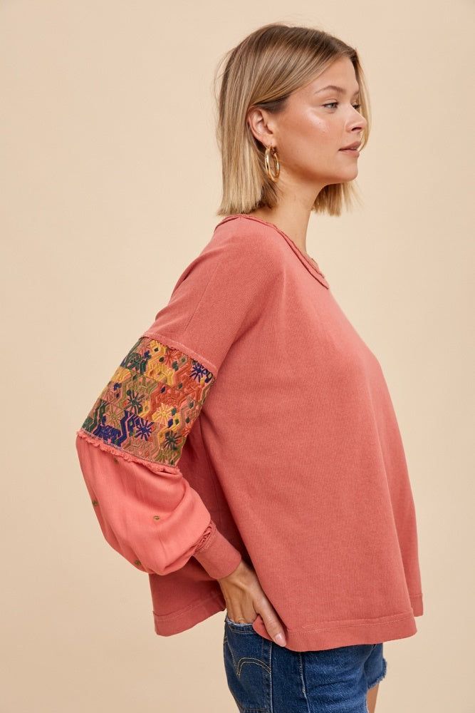 Burnt Orange Embroidered Sleeve Long Sleeve Tee sold by Pinkblush product image thumbnail 2