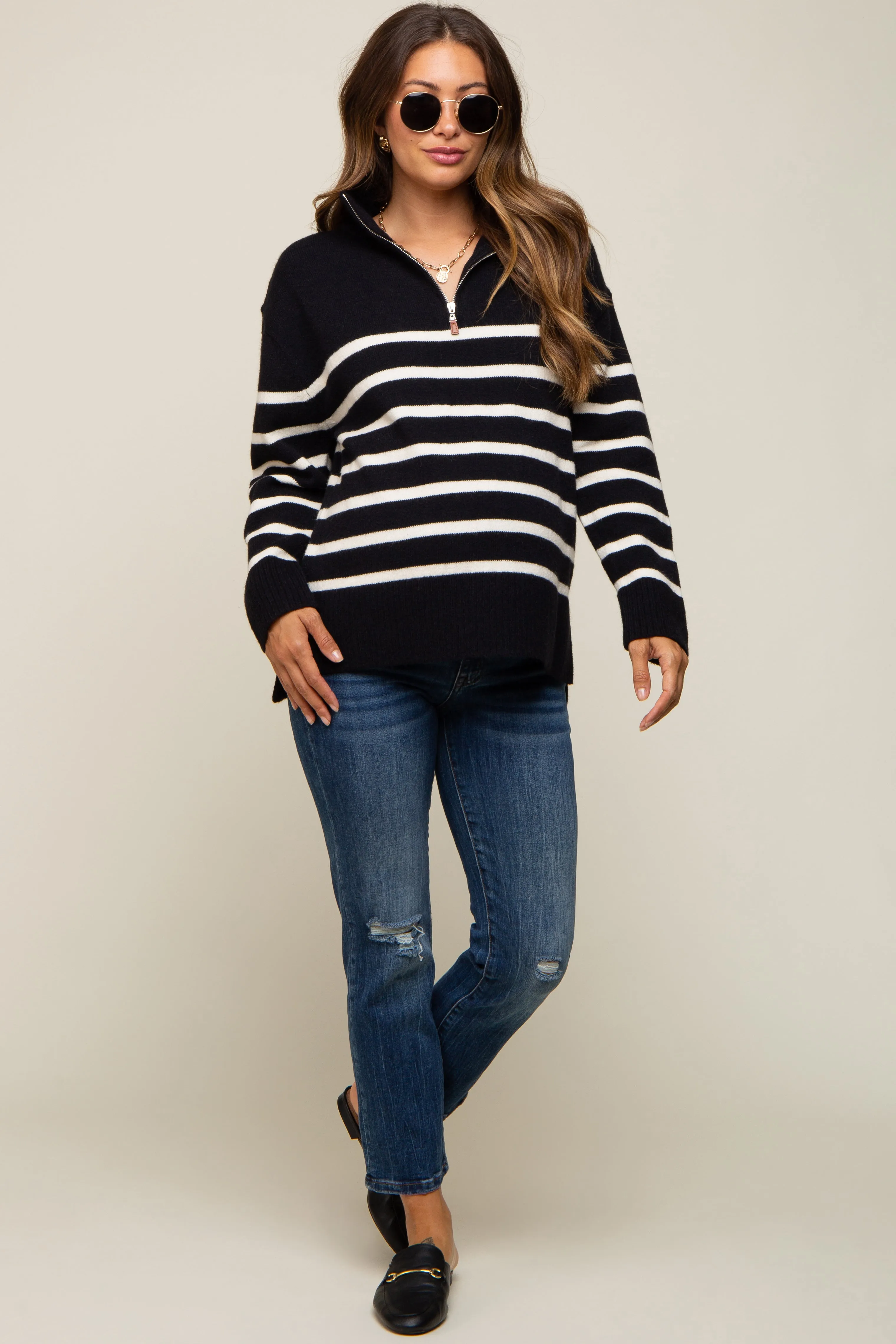 Black Striped Half Zip Maternity Sweater sold by Pinkblush product image thumbnail 4