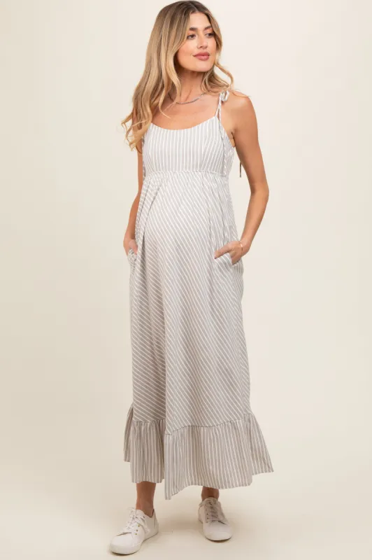 Beige Striped Tie Strap Maternity Maxi Dress sold by Pinkblush