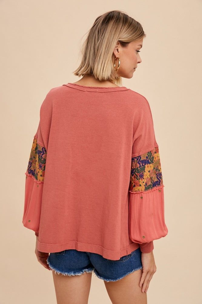 Burnt Orange Embroidered Sleeve Long Sleeve Tee sold by Pinkblush product image thumbnail 3