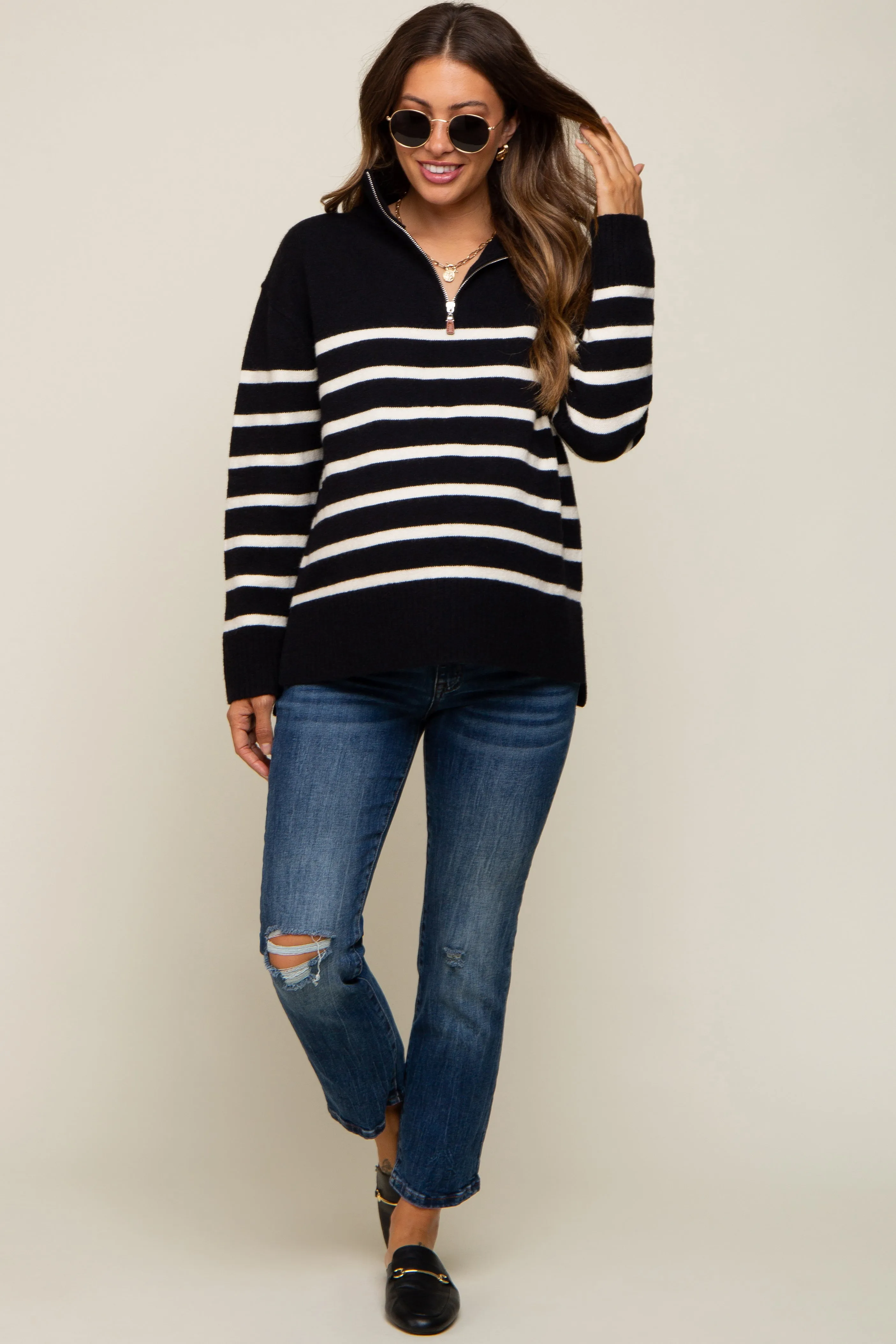 Black Striped Half Zip Maternity Sweater sold by Pinkblush product image thumbnail 5