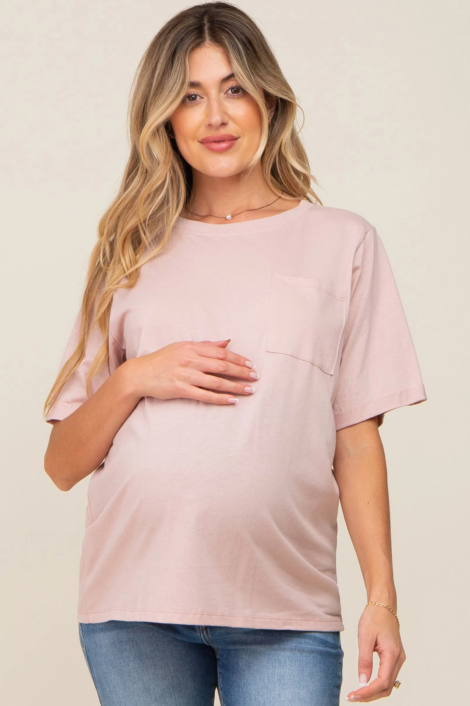 Light Pink Oversized Pocket Front Short Sleeve Maternity Top sold by Pinkblush